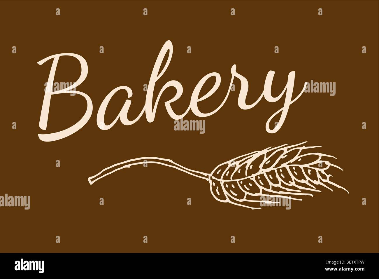 Etichetta o elemento vettoriale per prodotti da forno su sfondo marrone. Illustrazione Doodle del testo del grano e della panetteria. Illustrazione vettoriale disegnata a mano per lo sfondo degli alimenti. Illustrazione Vettoriale