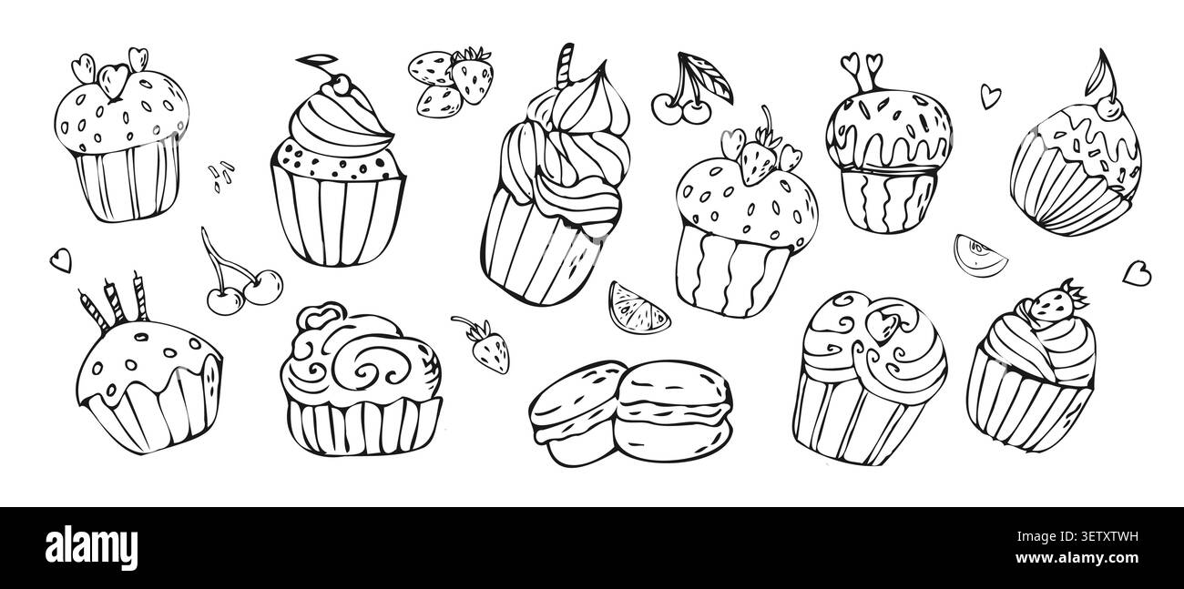 Set di cupcake e macaron, fragole e ciliegie, forme di cuore su sfondo bianco. Illustrazione di schizzo lineare con contorno bianco. Dolce Illustrazione Vettoriale