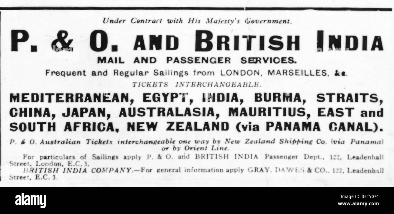 Pubblicità vintage 1918 per P. & O. e British India mail and Passenger Services, ritagliata da un giornale britannico. Il testo descrive in dettaglio le rotte previste da un contratto governativo verso India, Egitto, Birmania, Cina, Giappone, Australasia e Africa attraverso il Canale di Panama. Questo blocco stampa mostra il marchio del trasporto marittimo dei primi anni del XX secolo, la storia delle spedizioni e le reti di viaggi globali dell'Impero britannico che operano durante l'era della prima guerra mondiale. Foto Stock