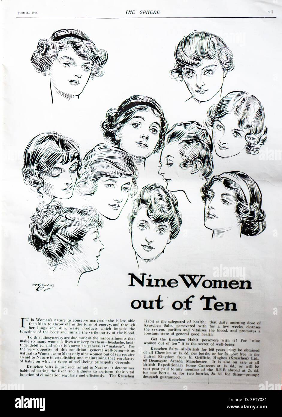 Un annuncio storico a pagina intera della sfera, datato 29 giugno 1918, intitolato "nove donne su dieci" per i sali di Kruschen. Con illustrazioni di H. M. Brock, la copia commercializza la medicina proprietaria della E. Griffiths Hughes Ltd di Manchester, mirando alla salute generale delle donne, alla funzionalità epatica e alla vitalità. Culturalmente, documenta la pubblicità farmaceutica dei primi anni del XX secolo, i concetti di salute mirati al genere e la distribuzione al dettaglio in tempo di guerra tramite le mense della British Expeditionary Force. Foto Stock