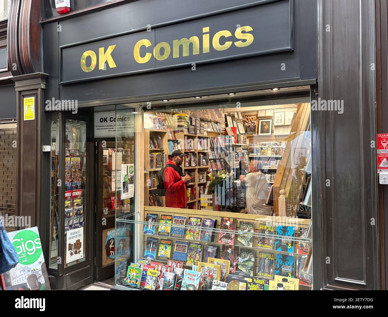 Negozio indipendente di fumetti OK Comics con esposizione di graphic novel. Thornton's Arcade, Leeds, Regno Unito. Foto Stock