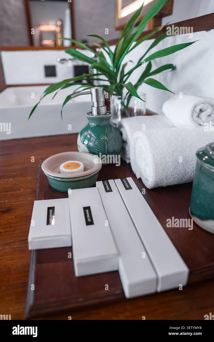 Lussuoso bagno con lavandino e prodotti di cortesia nelle ville sulla spiaggia delle Maldive Foto Stock