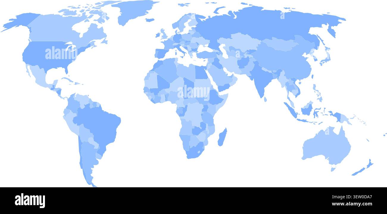Mappa politica vuota del mondo in quattro tonalità di sfondo blu e bianco. Mappa vettoriale semplificata. Illustrazione Vettoriale