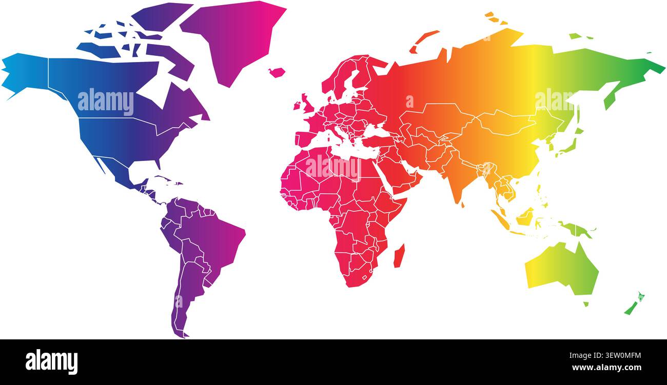 Una colorata mappa del mondo presenta uno spettro di sfumature dal viola al rosso, che mostra le regioni globali. Il design accattivante mette in risalto i continenti con colori vivaci per un fascino estetico. Illustrazione Vettoriale