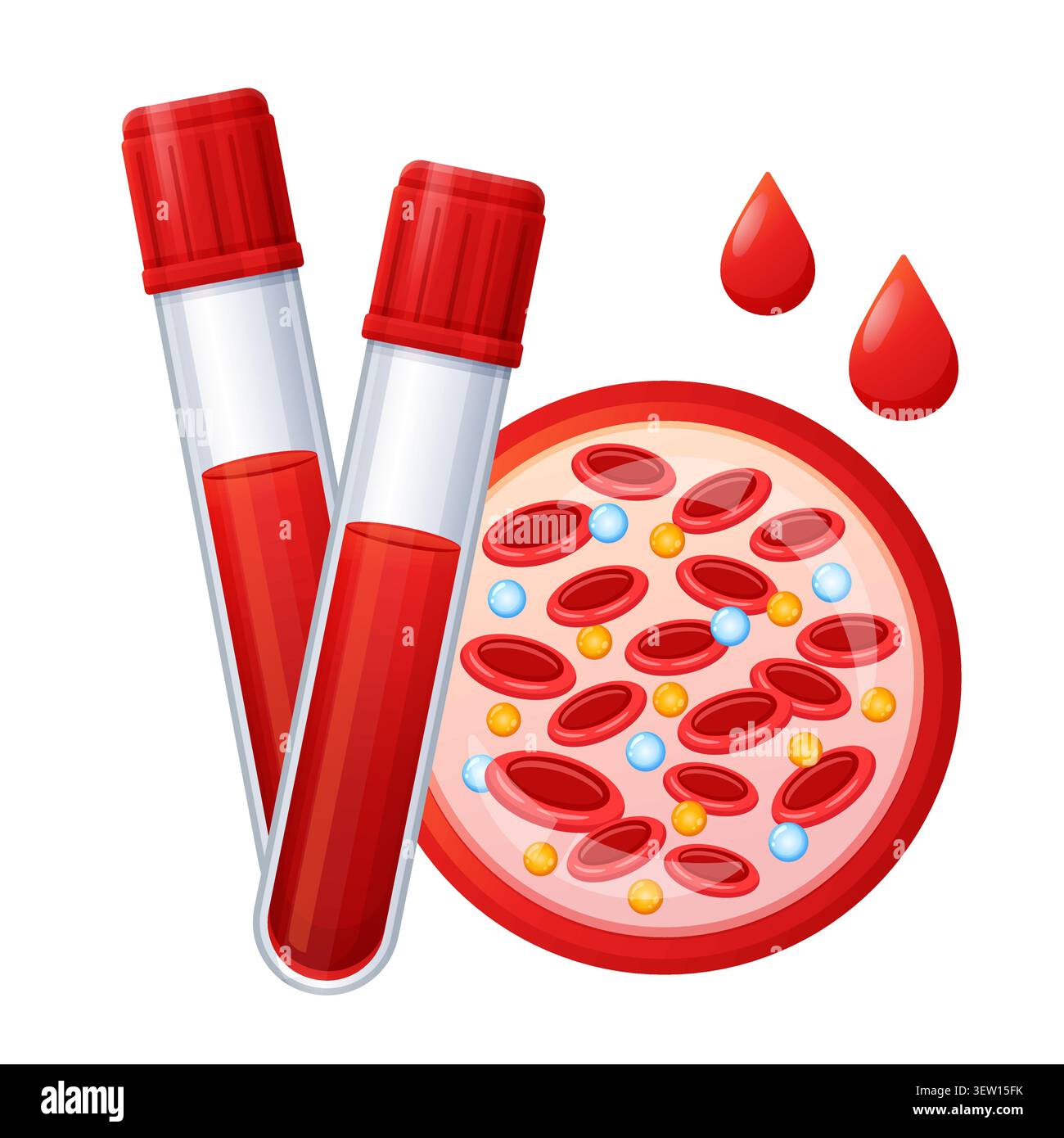 Provetta per analisi mediche del sangue, cellule di campione di plasma liquido, analisi di laboratorio clinica. Assistenza sanitaria. Ricerca chimica di laboratorio. Matraccio di vetro, screening medico Illustrazione Vettoriale