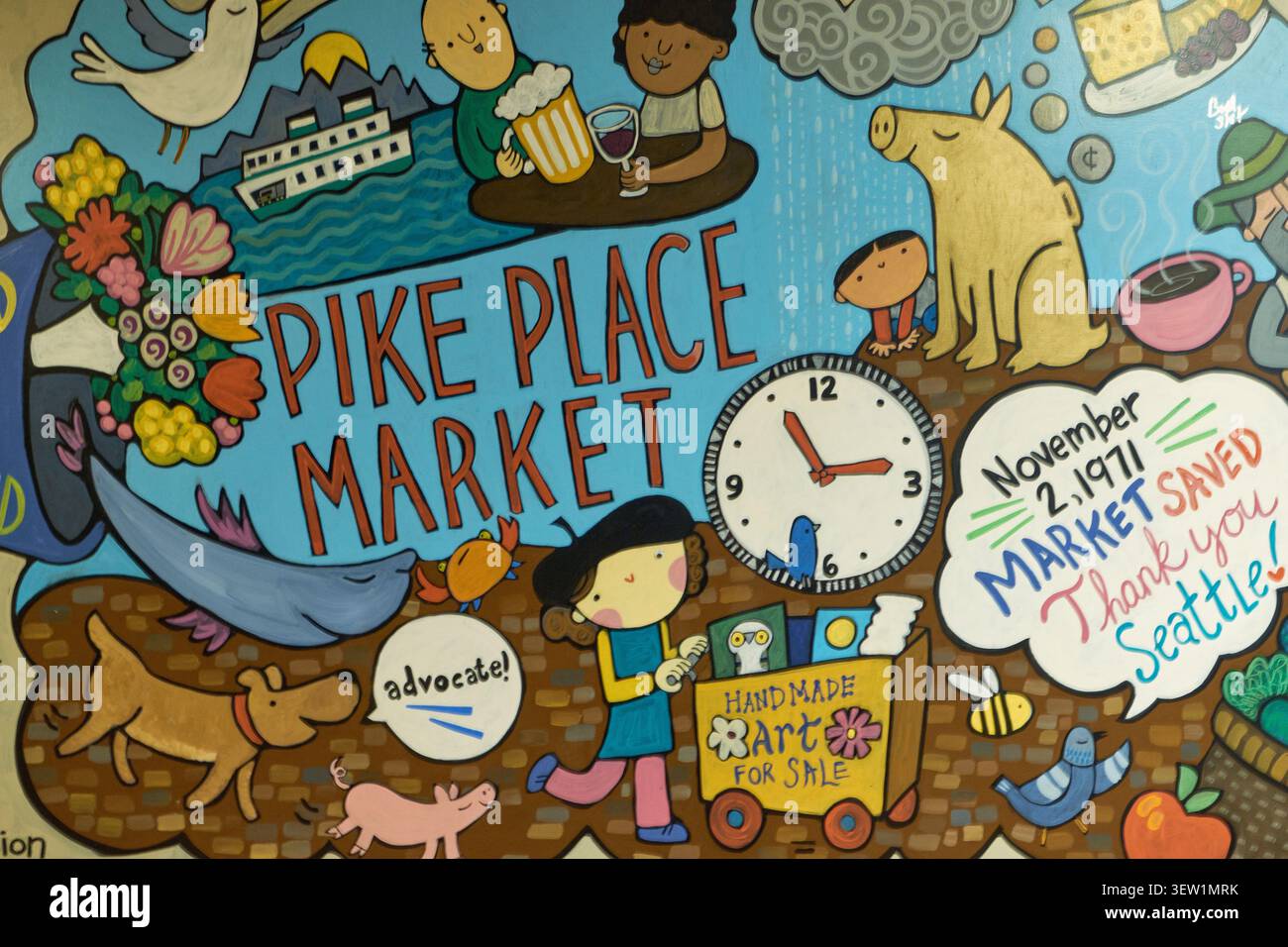 Pike Place Market a Seattle, Washington, con bancarelle affollate, cartelloni vivaci e folle vivaci che catturano l'atmosfera iconica di questa storica città Foto Stock