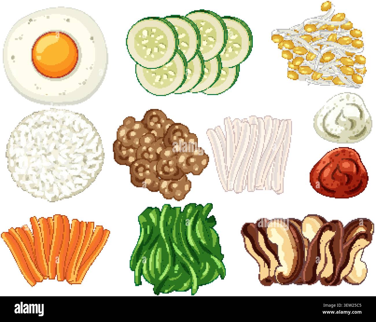 Illustrazione vettoriale colorata degli ingredienti alimentari asiatici, tra cui riso, verdure, uova e funghi Illustrazione Vettoriale