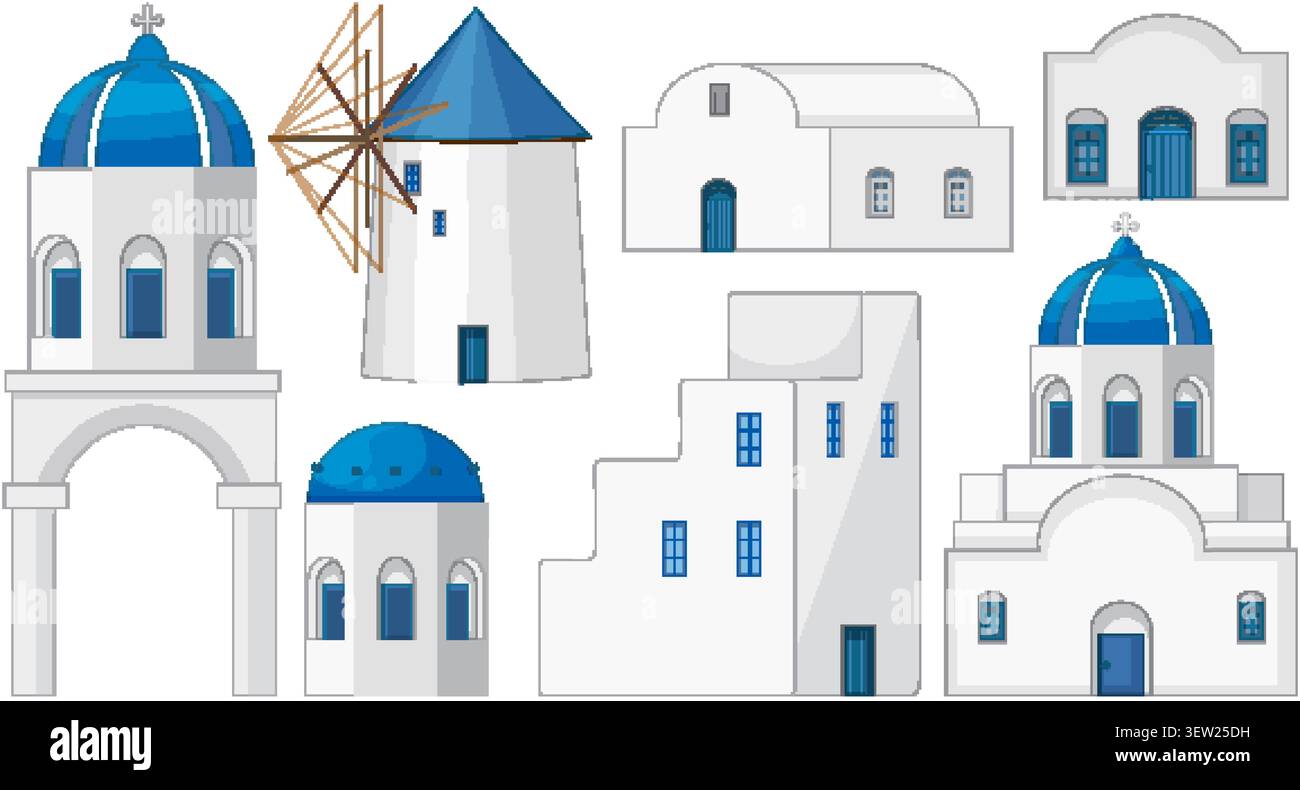 Collezione vettoriale isolata di edifici bianchi mediterranei con cupole blu e mulino a vento tradizionale. Illustrazione Vettoriale