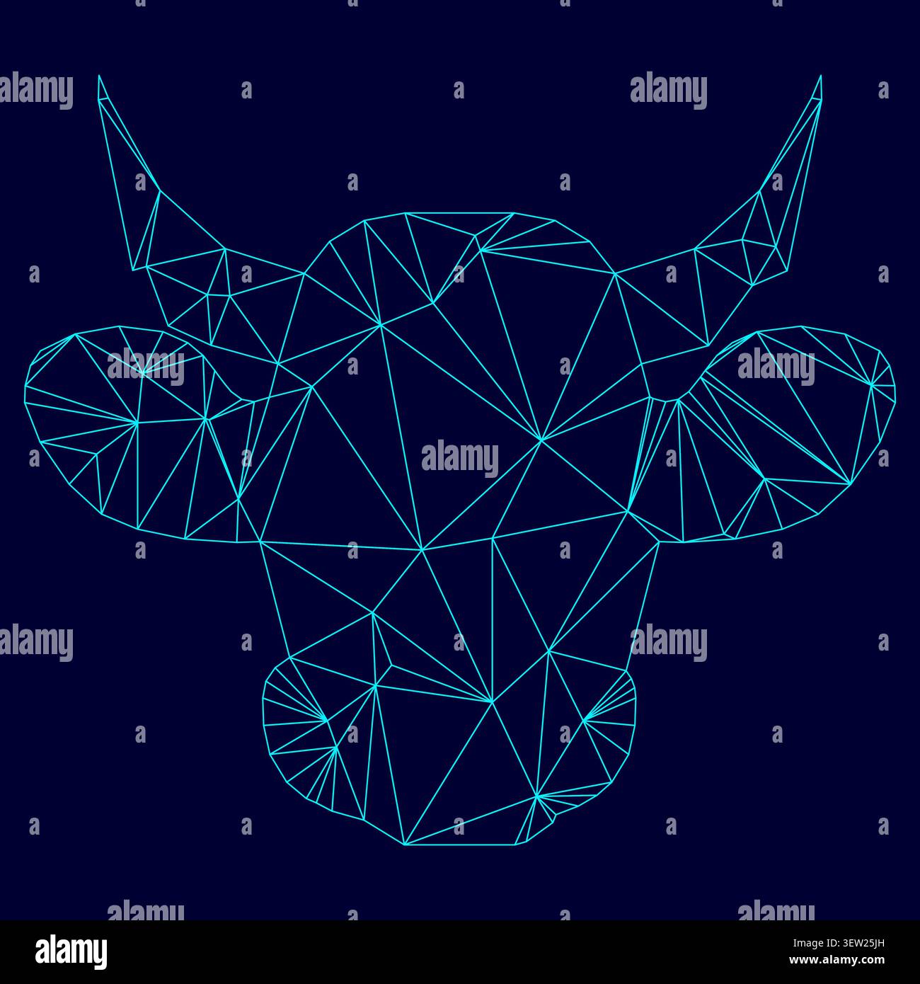 Testa di mucca triangolazione poliangolare bassa triangolazione poligonale blu blu blu blu blu azzurro brillante colore Aqua neon illustrazione immagine contorno immagine stile linea di contorno Illustrazione Vettoriale