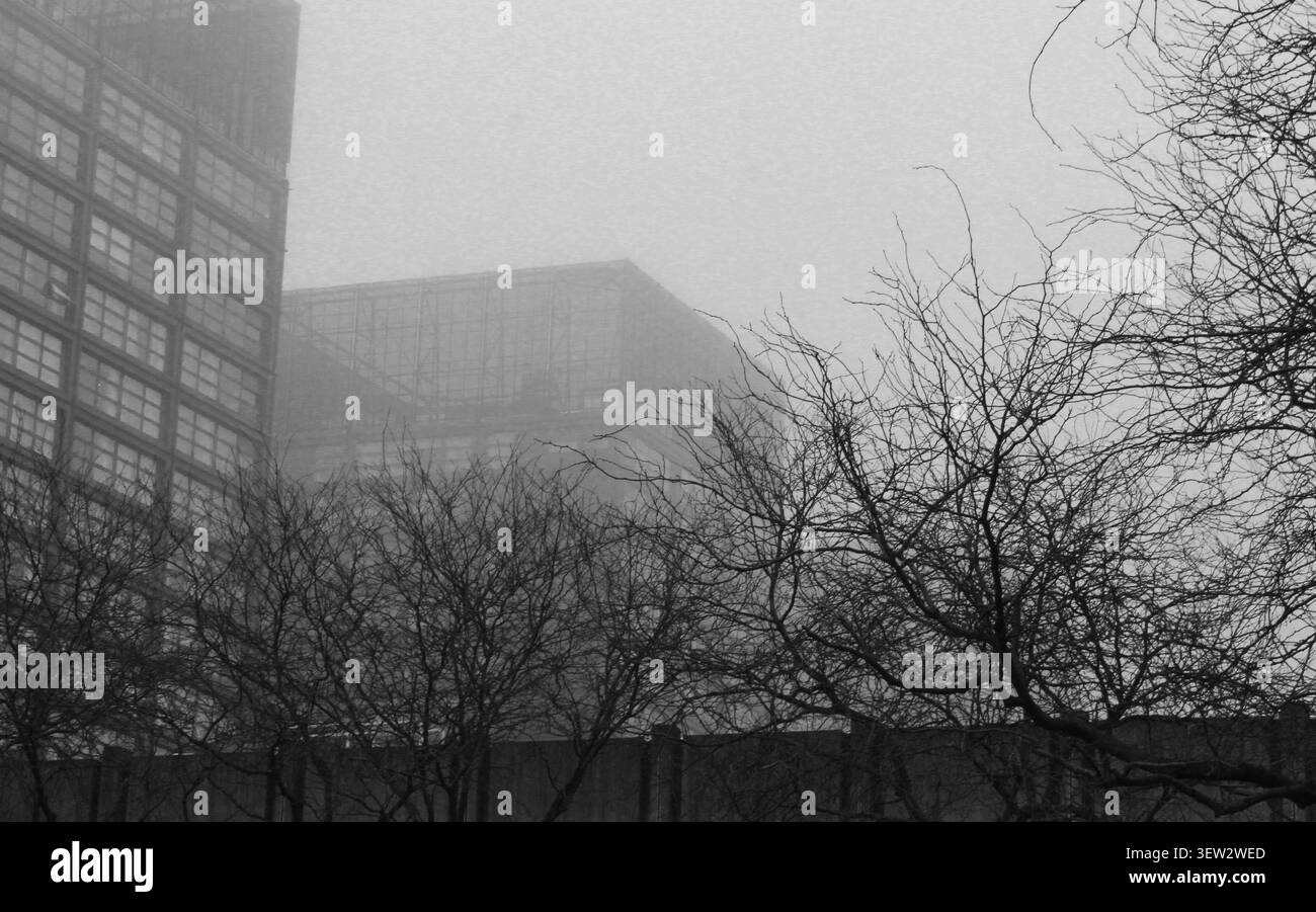 Nebbia nelle strade di Bruxelles Foto Stock