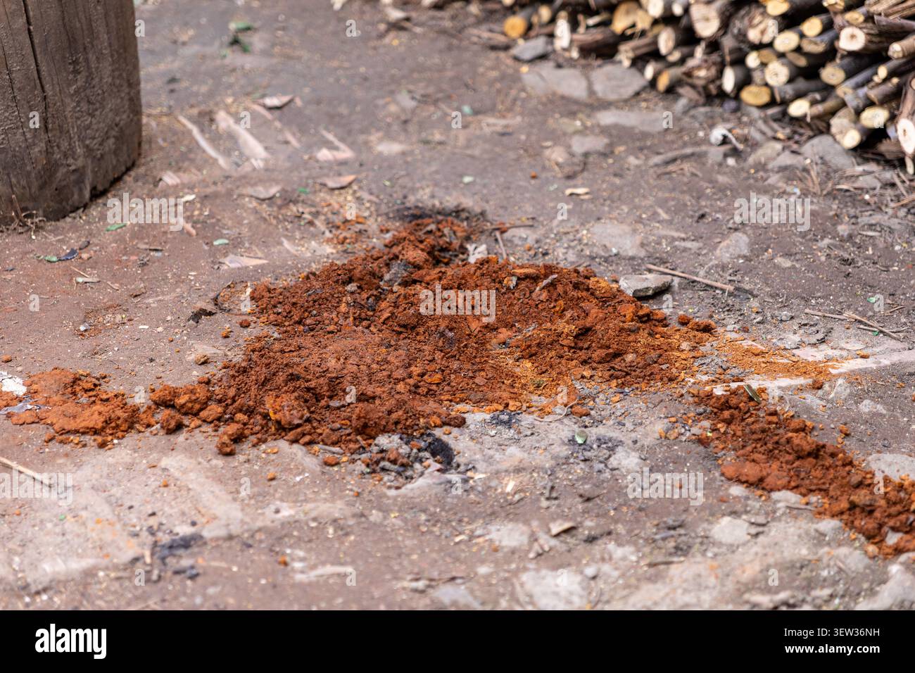 Un tumulo testurizzato di terra marrone asciutta e minerali di argilla sciolti si trova su una superficie esterna non pavimentata, enfatizzando i temi del paesaggio e della preparazione delle fondamenta Foto Stock