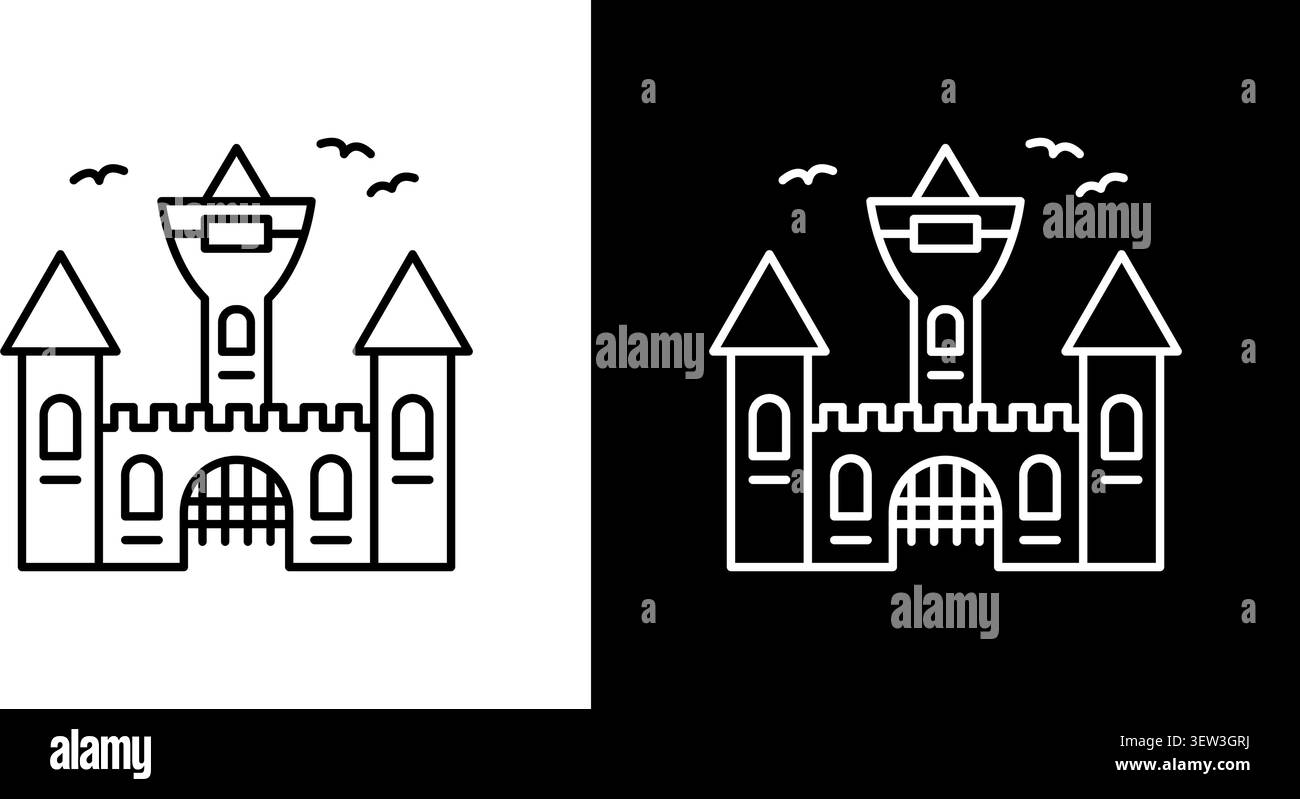 Castello con set di icone Birds Line. Fortezza medievale, architettura e collezione di simboli storici. Tema fantasy e fiabesco Illustrazione Vettoriale