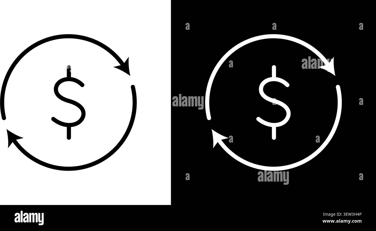 Set di icone simbolo del dollaro con frecce circolari. Cambio valuta, transazioni finanziarie e raccolta di simboli di riferimento del flusso economico. Tratto modificabile Illustrazione Vettoriale