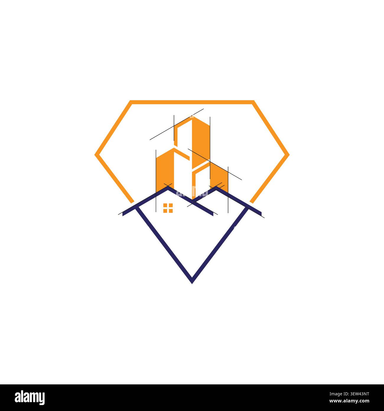 Una variante del logo di proprietà architettonica che combina un bordo diamantato oro, uno schizzo di silhouette degli edifici e una disposizione del tetto a doppia casa blu scuro. Illustrazione Vettoriale