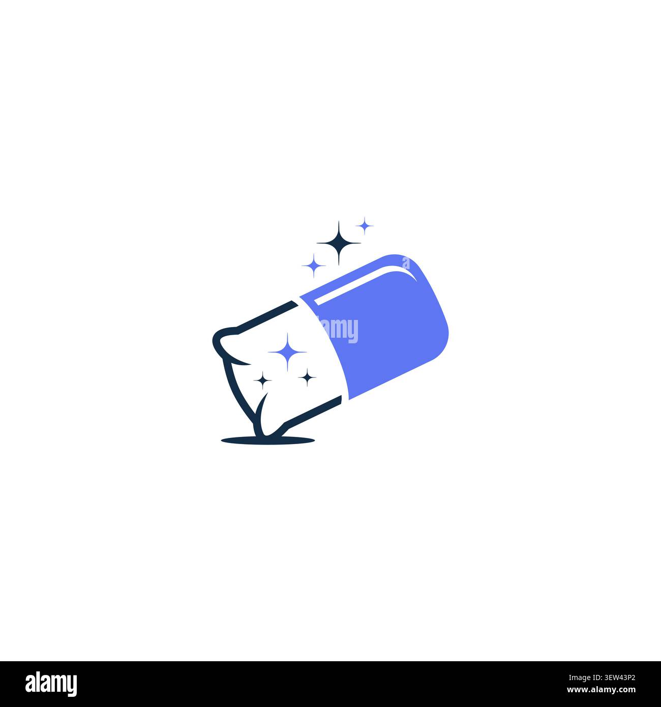 Un intelligente logo concettuale che unisce una pillola medica a una capsula con un morbido cuscino, decorato con scintille per la medicina del sonno o il marchio della farmacia. Illustrazione Vettoriale