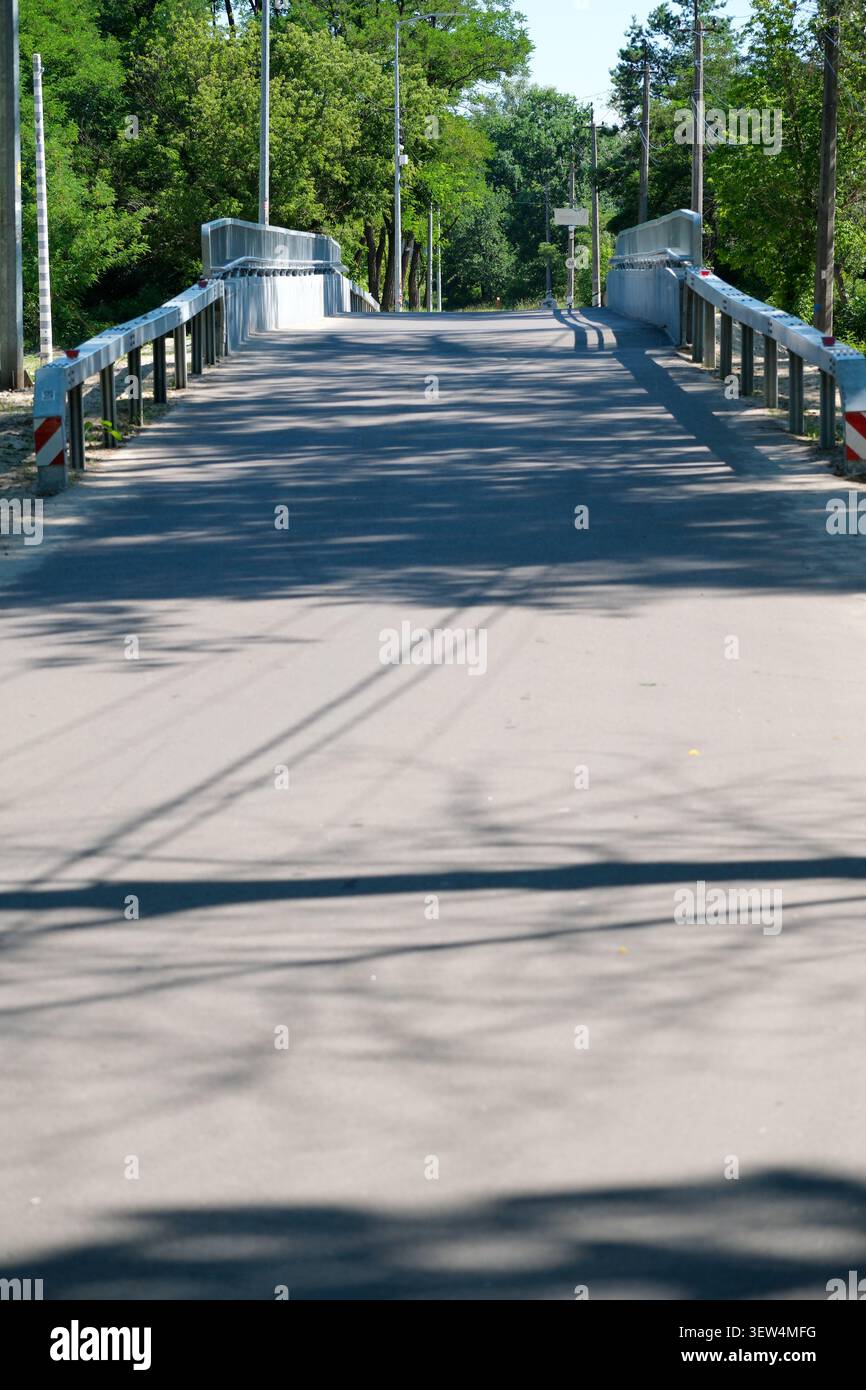 Il tranquillo ponte si estende su un sentiero tranquillo, con alberi lussureggianti che incorniciano la scena. Foto Stock
