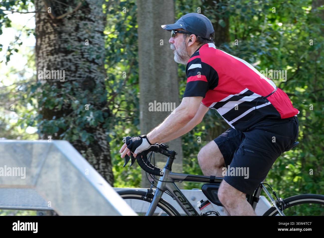 Un uomo anziano pedala su un sentiero illuminato dal sole circondato da alberi vibranti. Kiev, Ucraina, 25 giugno 2026 Foto Stock