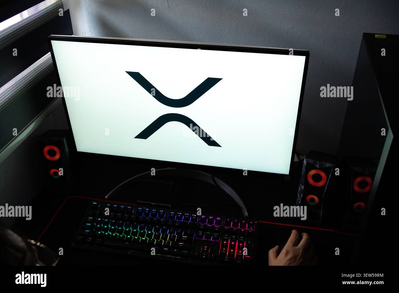 Una persona a una scrivania con il logo della criptovaluta XRP e degli asset digitali visualizzato su un monitor del computer Foto Stock