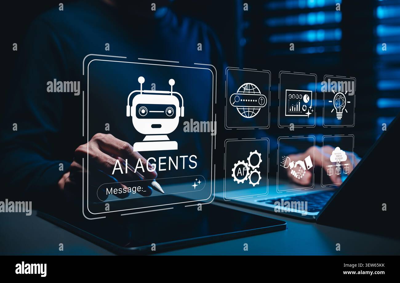 Concetto di automazione degli agenti IA con sistema autonomo, chatbot, analitica, cloud, internet e icona per assistente intelligente, produttività aziendale Foto Stock