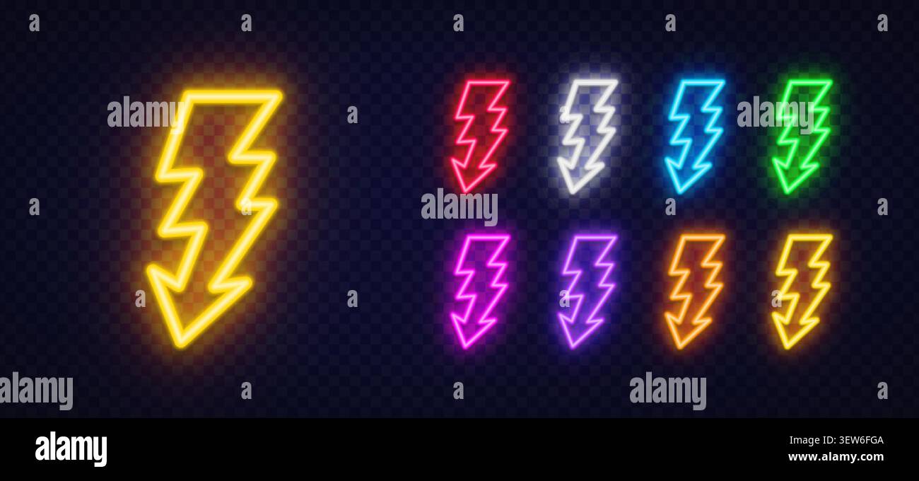 Set di 9 icone di fulmine al neon di forma larga e freccia in basso in giallo, rosso, blu, verde, arancione, rosa e viola su trasparente scuro Illustrazione Vettoriale