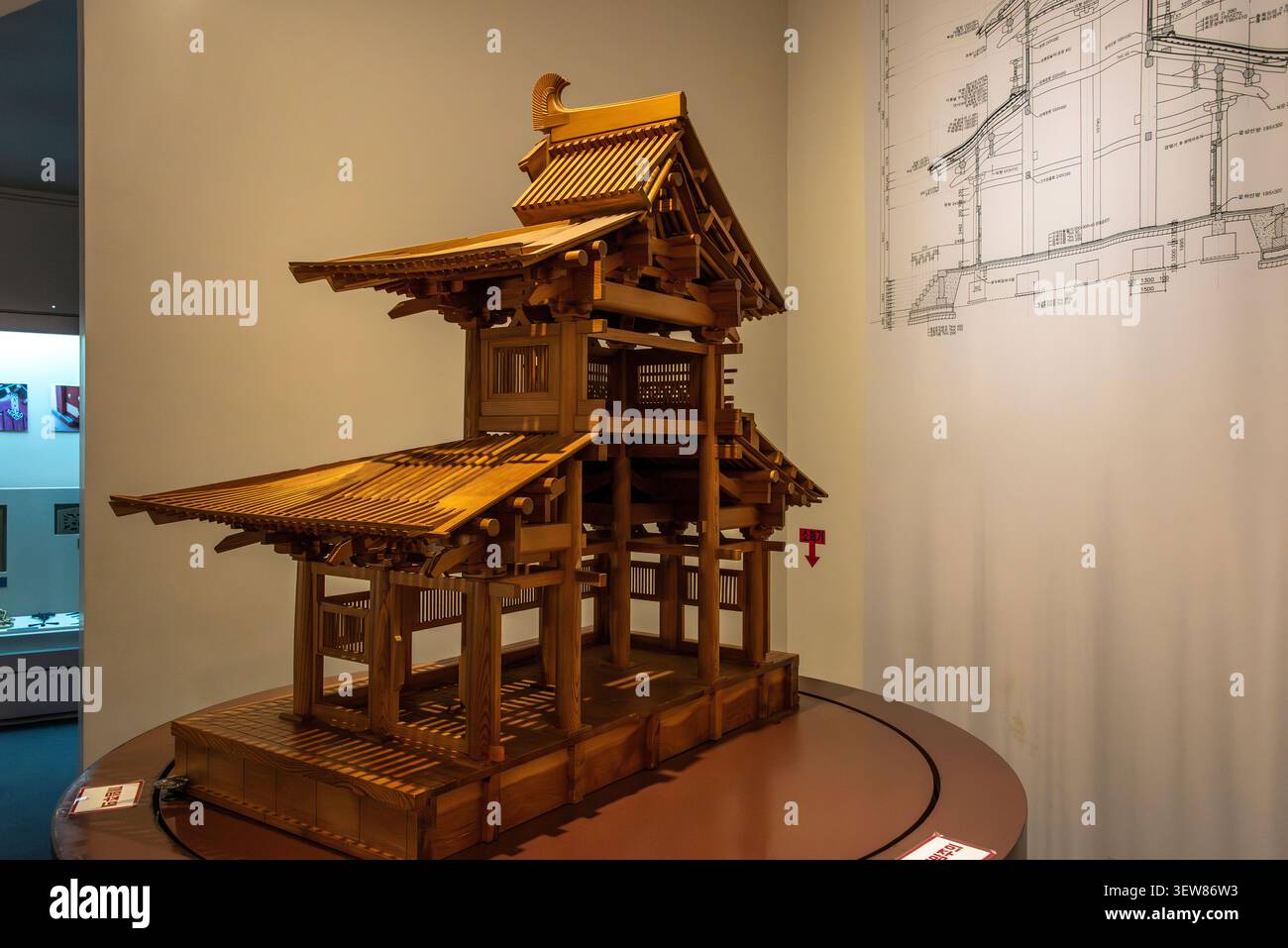 Un modello che mostra la struttura interna di un tradizionale tempio buddista in mostra al Museo di storia e cultura di Baekje a Buyeo Foto Stock