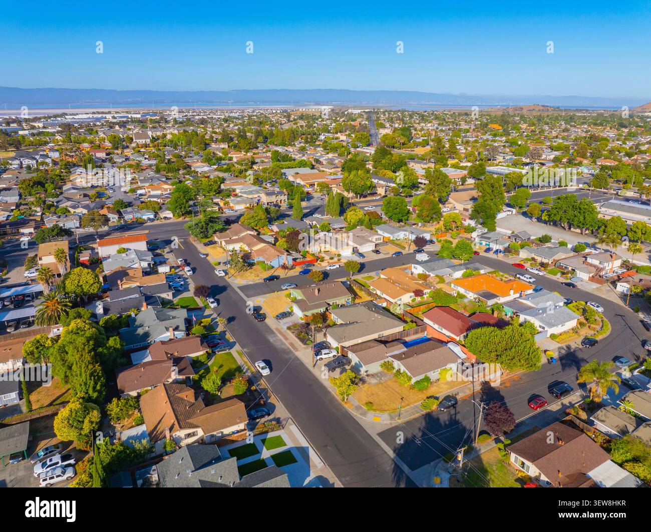 Vista aerea delle residenze storiche nel centro di Newark, California CA, Stati Uniti. Foto Stock