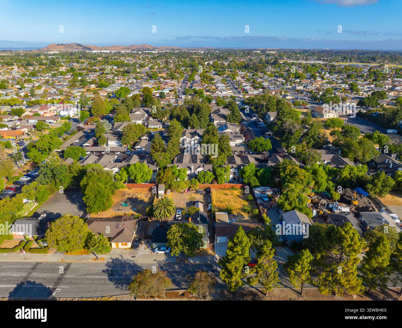 Vista aerea delle residenze storiche nel centro di Newark, California CA, Stati Uniti. Foto Stock