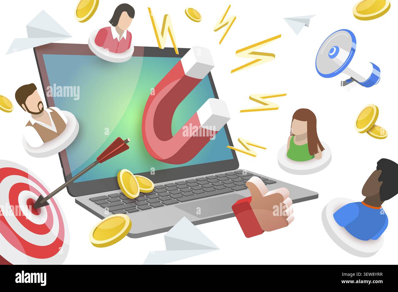 Illustrazione concettuale 3D della strategia di fidelizzazione dei clienti, campagna di marketing digitale, Inbound Marketing Foto Stock
