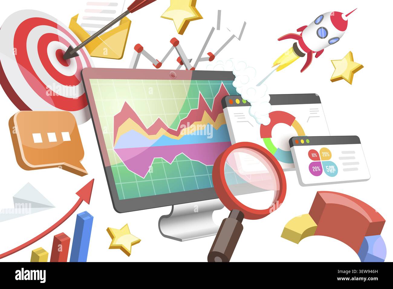 Illustrazione concettuale piatta isometrica 3D della strategia di marketing basata sui dati, del comportamento dei consumatori e dell'analisi dei trend di marketing Foto Stock