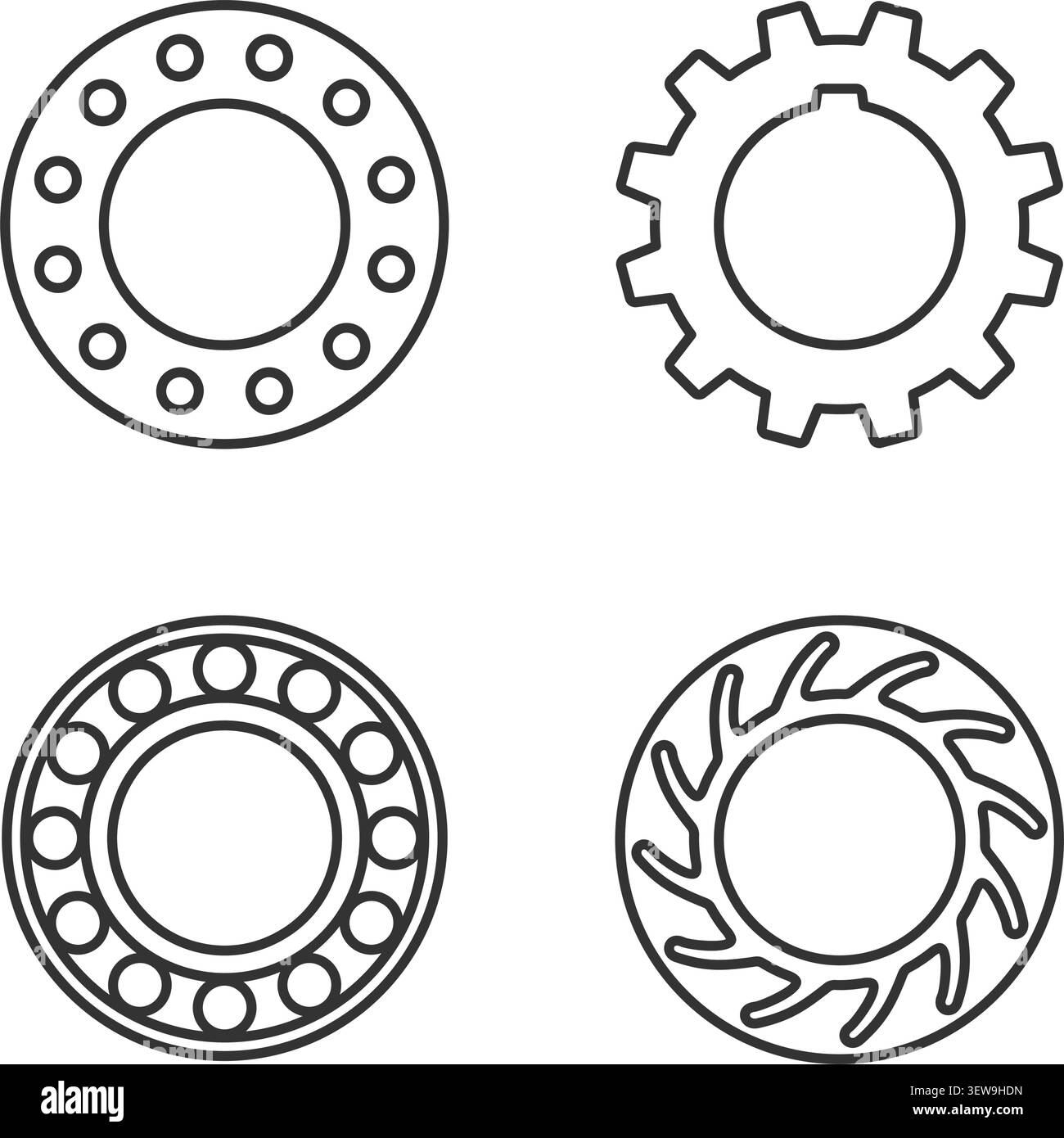 Le icone delle apparecchiature industriali sono disposte su linee sottili: Flangia, ingranaggio, cuscinetto e pompa Illustrazione Vettoriale