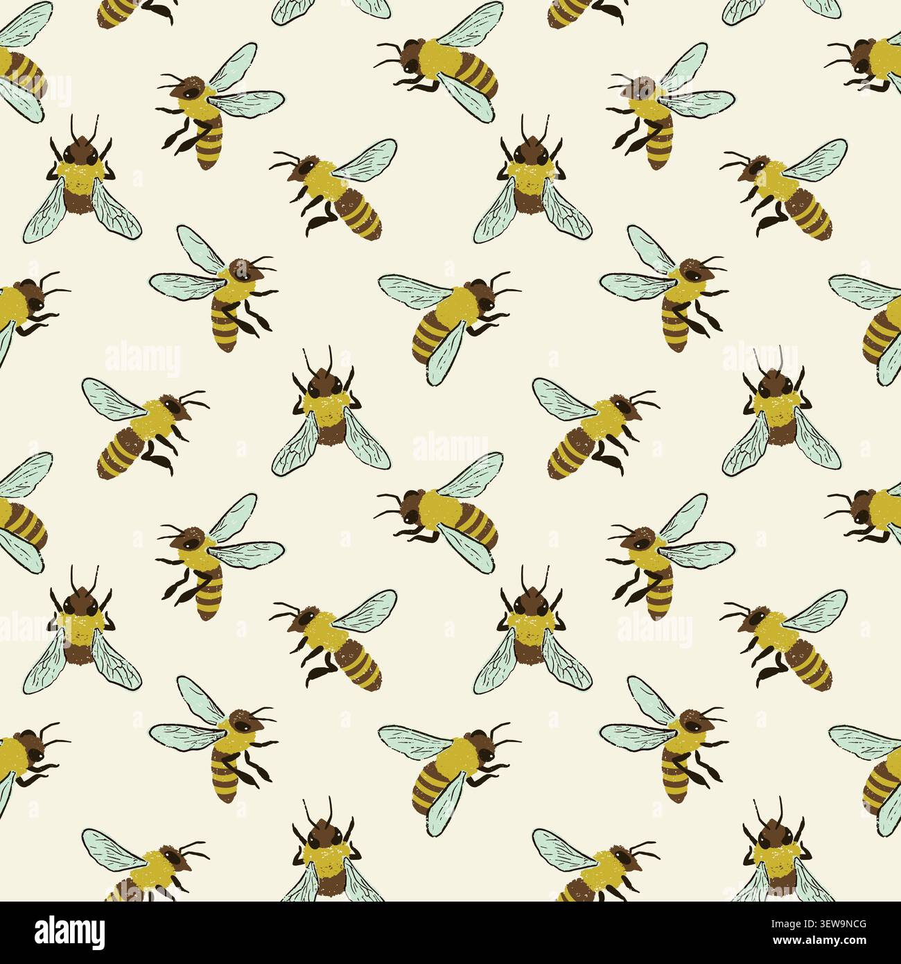 Motivo senza cuciture disegnato a mano con api dalla consistenza gessosa. Design organico con api mellifere dettagliate Illustrazione Vettoriale