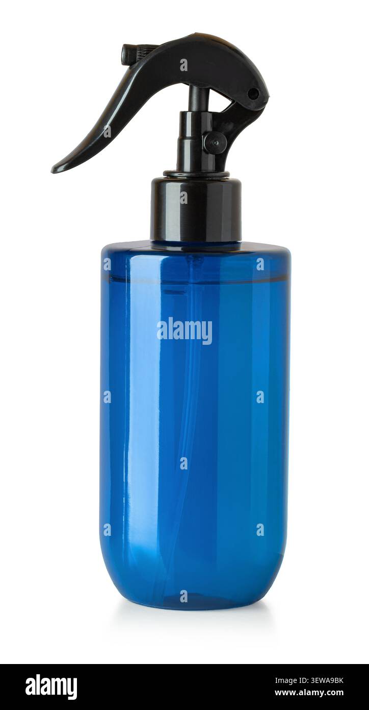 Flacone spray in plastica blu che fornisce nebulizzazione fine per varie applicazioni liquide Foto Stock