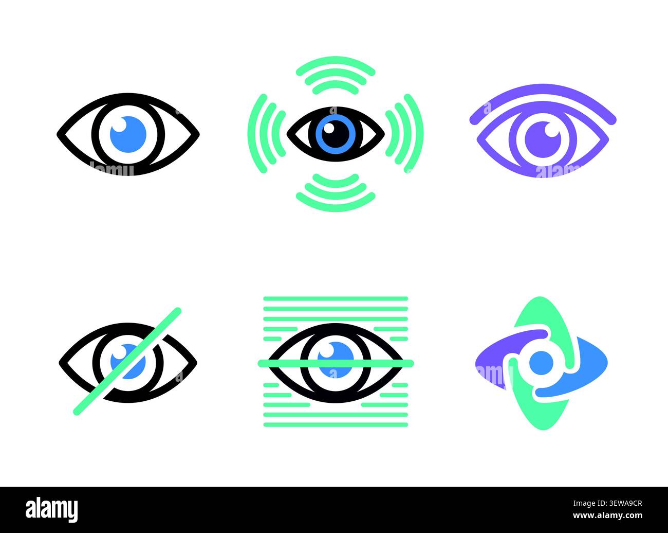 Set di icone degli occhi con vettore di simboli di visione, visibilità, privacy e sorveglianza Illustrazione Vettoriale