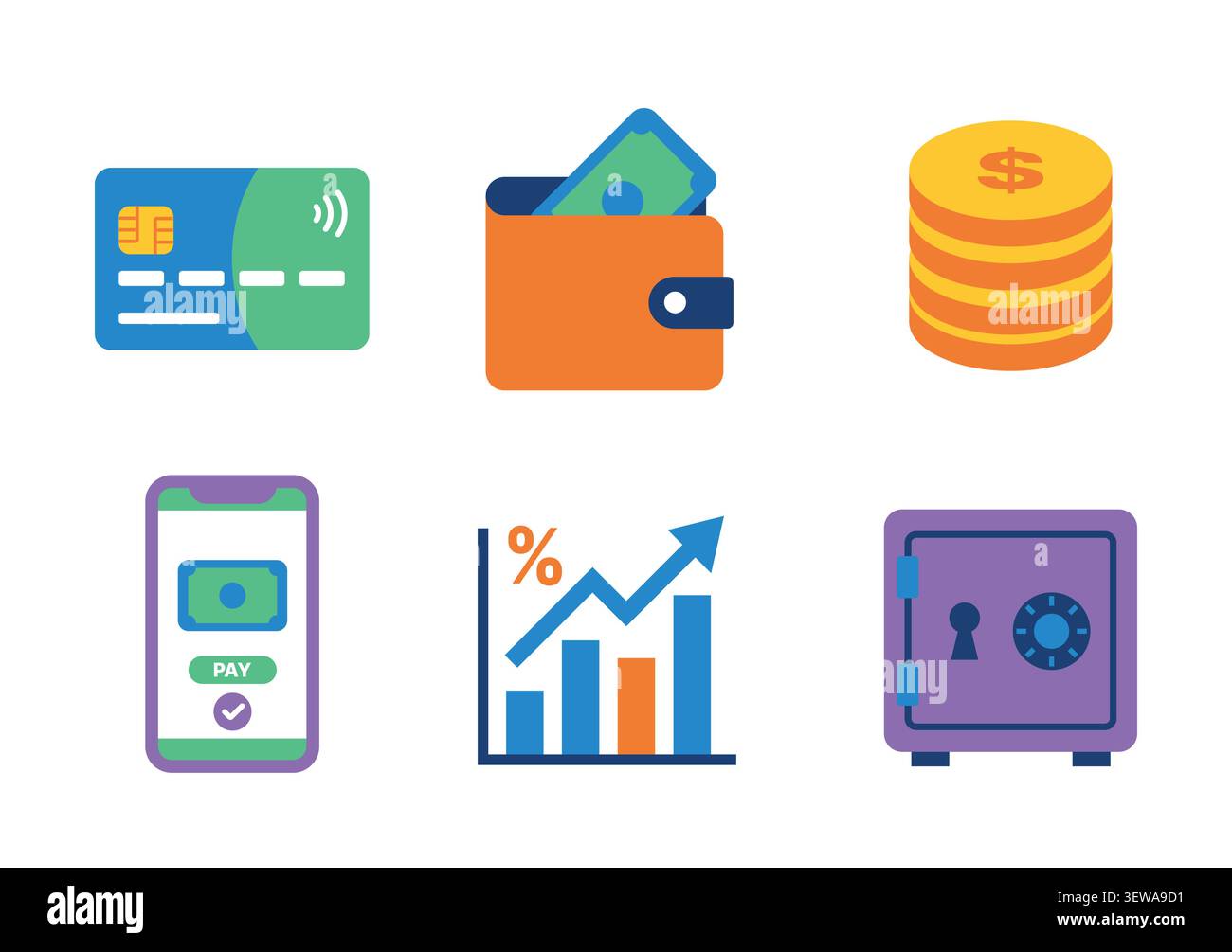 Set di icone finanza e pagamento digitale con banche, portafogli, risparmi e vettori di investimento Illustrazione Vettoriale