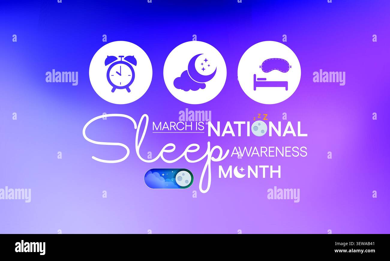 Il Sleep Awareness Month è un evento annuale che si celebra ogni anno a marzo. Questa è un'opportunità per fermarsi e pensare alle tue abitudini di sonno, considera Illustrazione Vettoriale