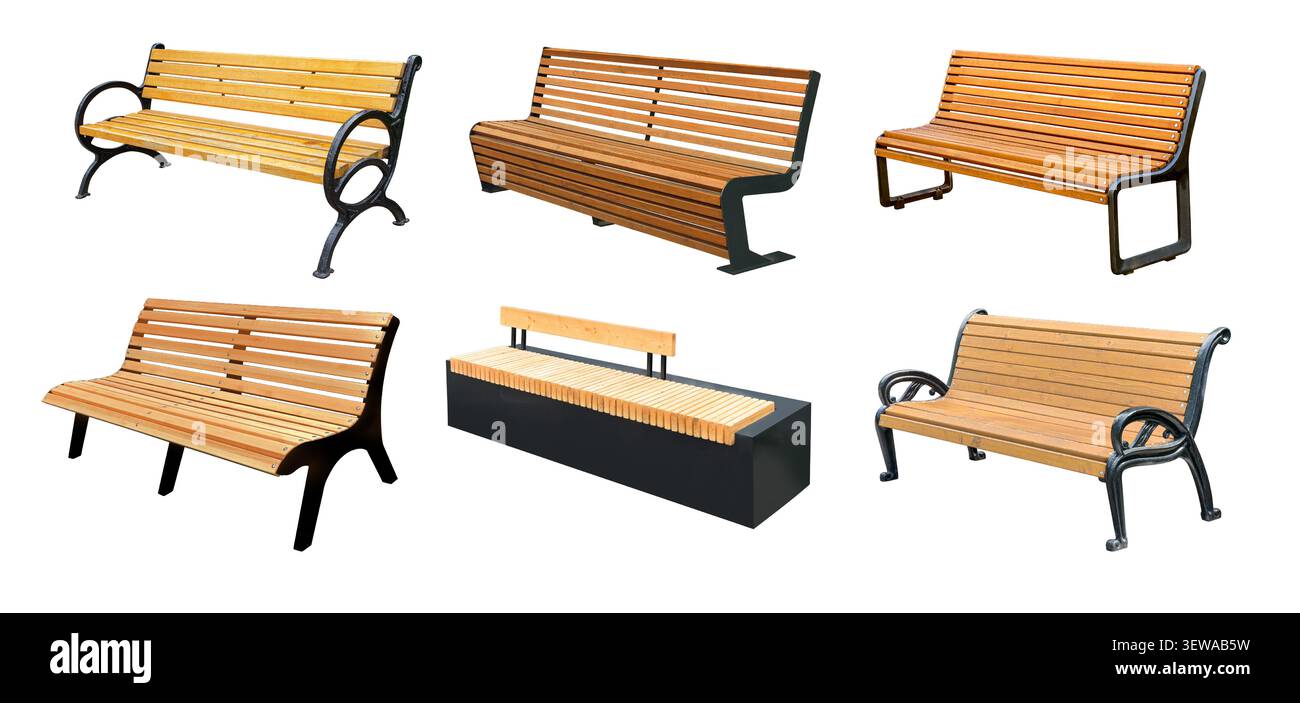 Collezione di panche pubbliche in legno con strutture metalliche per posti a sedere all'aperto Foto Stock