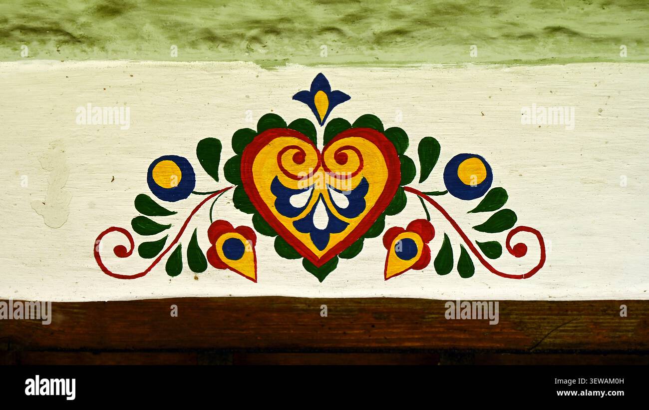 Il cuore folcloristico della Moravia e la pittura floreale delle pareti in stile rosemaling tradizionale, in formato widescreen Foto Stock