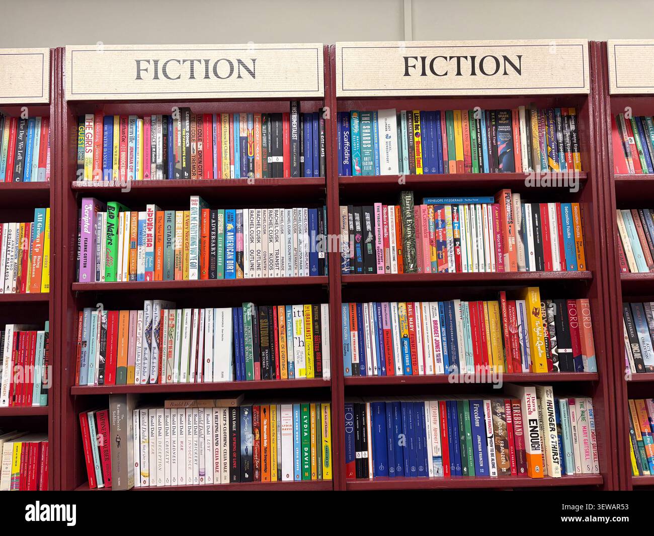 Scaffali di libri di finzione a Books Upstairs, Dublino, Irlanda. File di libri colorati su scaffalature rosse in legno. Foto Stock