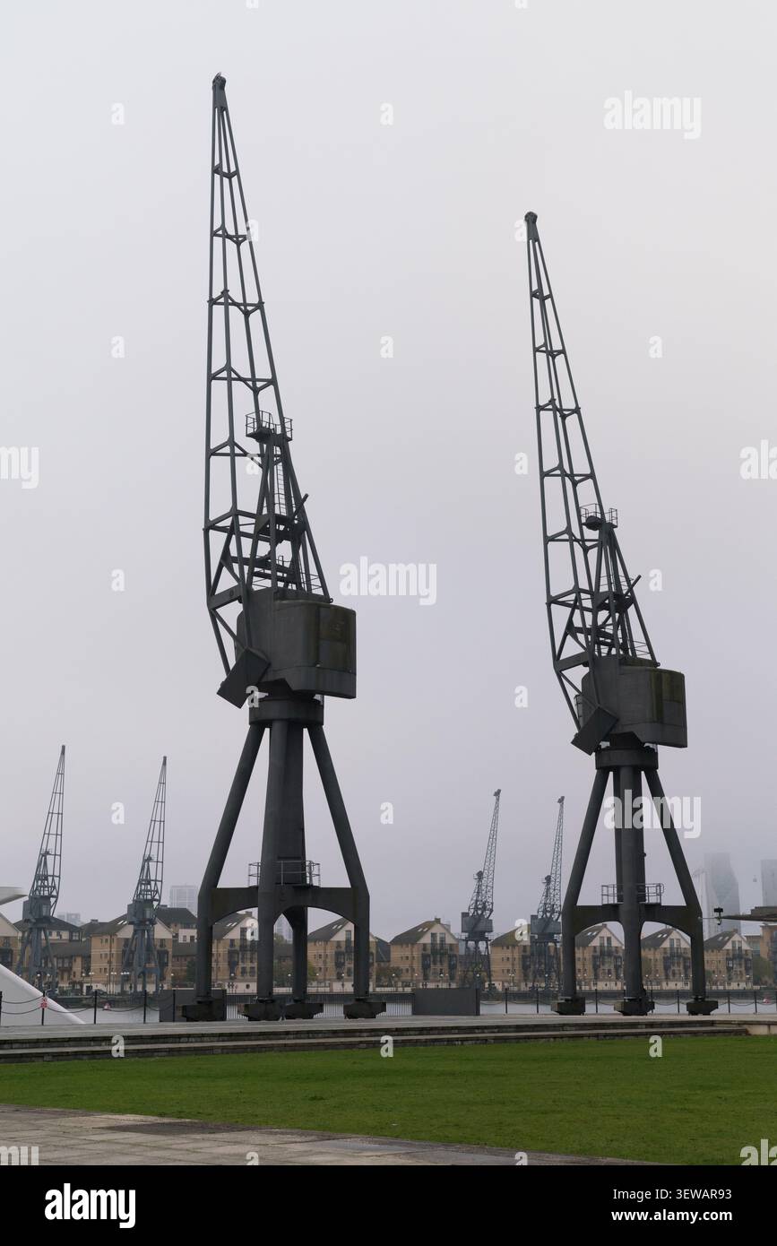 Le gru storiche conservate presso il Royal Victoria Dock di Londra sono rappresentate da monumenti iconici del patrimonio industriale marittimo della zona. Foto Stock