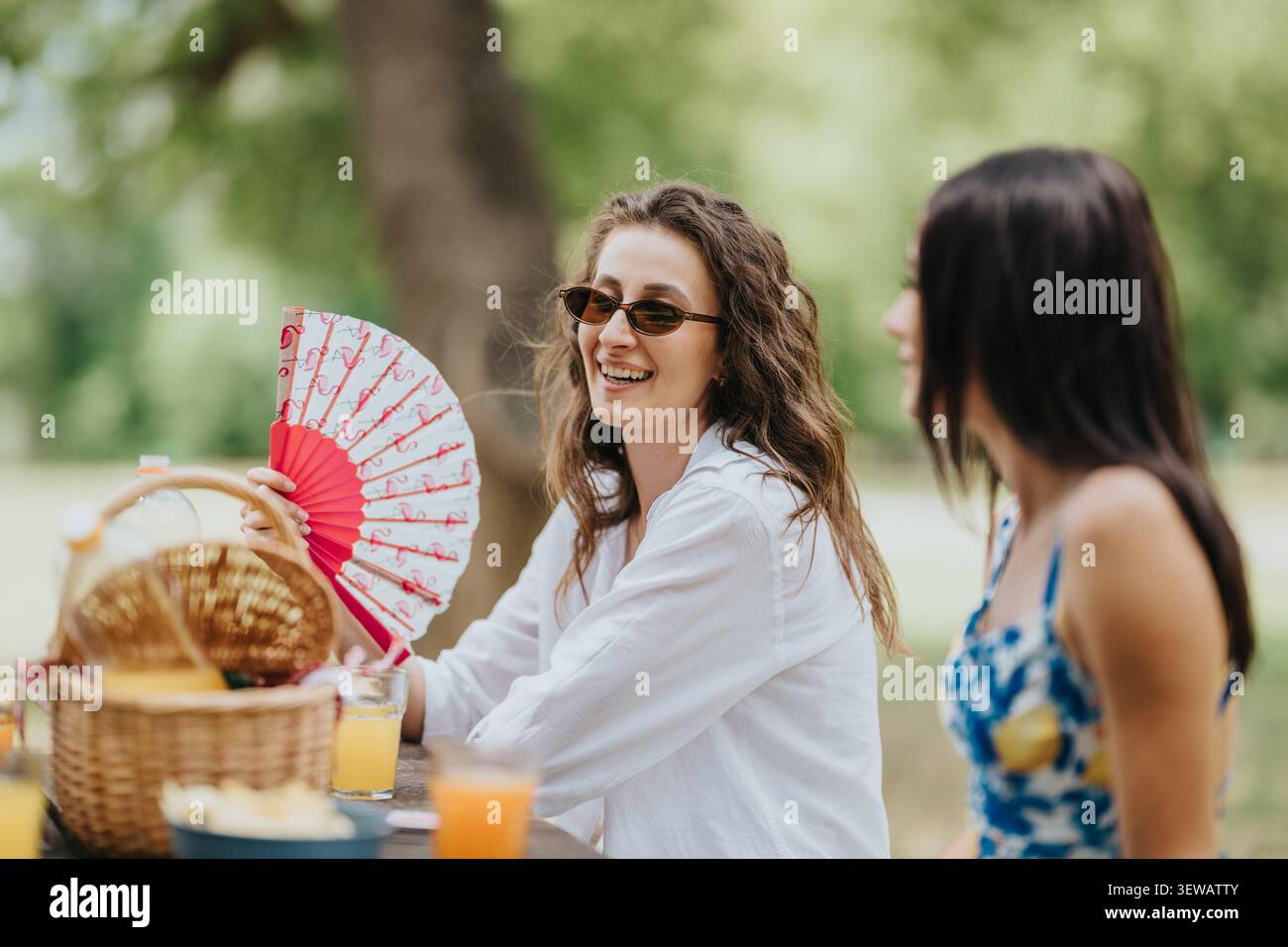 Due amici che ridono durante un picnic all'aperto mentre una donna usa un ventilatore portatile in una giornata calda Foto Stock