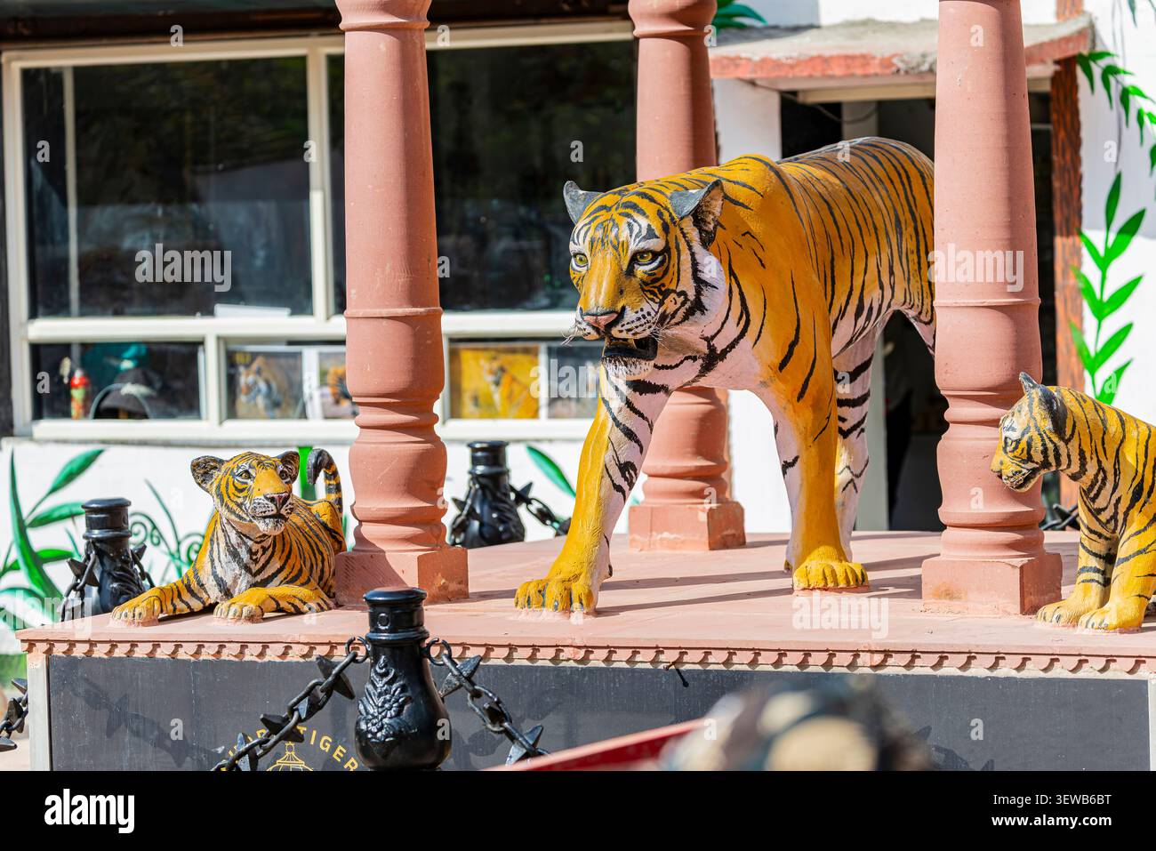 Ranthambore India 17 maggio 2026: Una scultura di Machli, la leggendaria tigre del Parco Nazionale di Ranthambore, India, in onore di uno dei più famosi wil Foto Stock