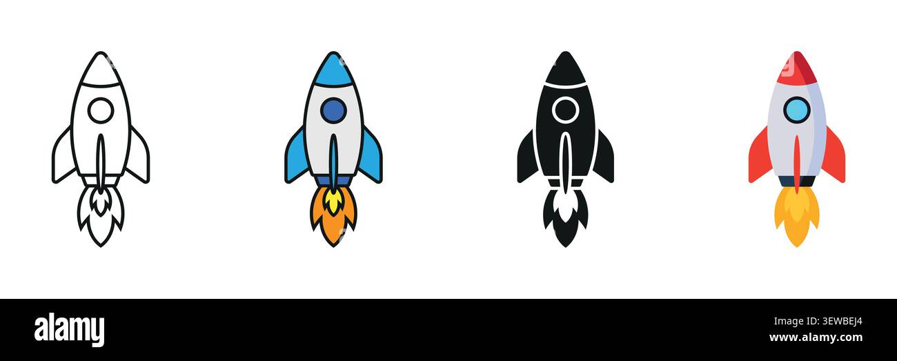 Lancio dell'icona del razzo verso l'alto che simboleggia Startup, crescita, Business Innovation, lancio dello Space Shuttle, solido, illustrazione vettoriale colorata Illustrazione Vettoriale