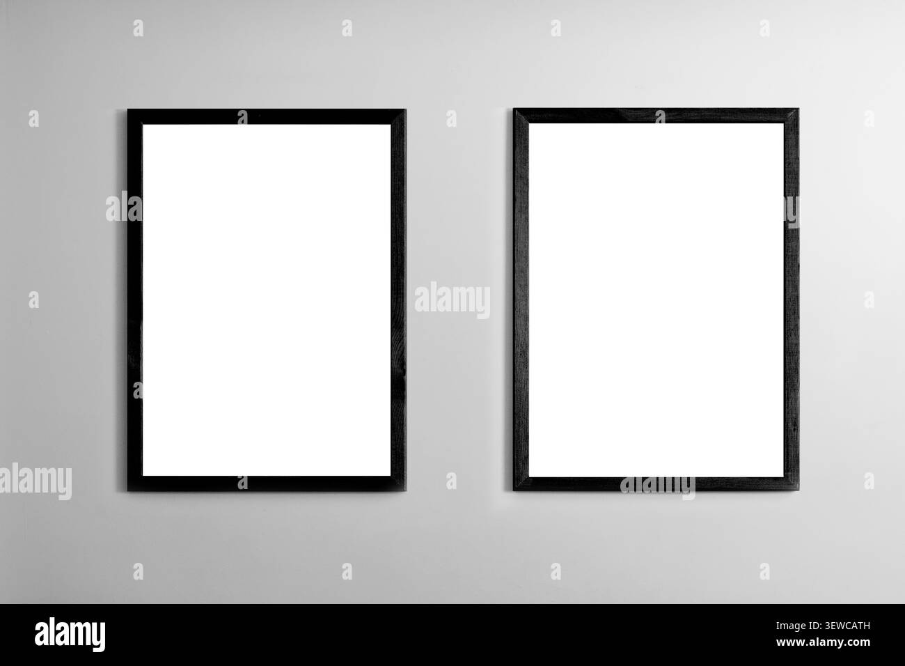 Cornici fotografiche in legno nero vuote su un muro grigio chiaro. Modello di parete galleria minimalista scandinava per arte, poster e decorazione domestica. Foto Stock