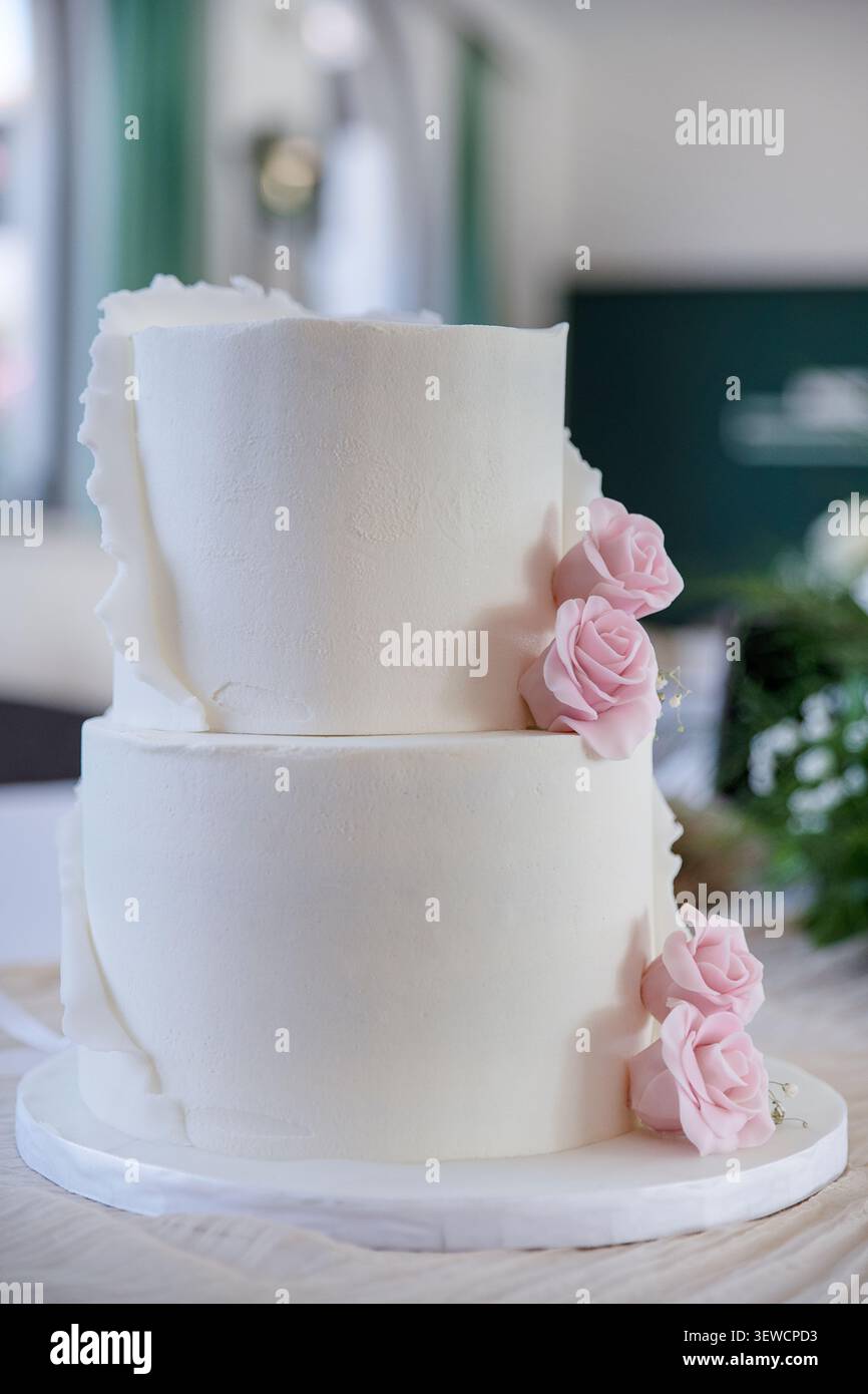 Elegante torta bianca a due piani decorata con delicate rose di zucchero rosa e dettagli in pasta di zucchero testurizzata, esposta su un tavolo da ricevimento in una location al chiuso Foto Stock