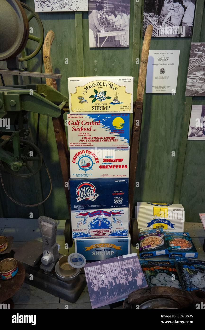 Biloxi, MS - 25 apr 25: Scatole di confezionamento di gamberi d'annata impilate ed etichette di pesce esposte al Maritime & Seafood Industry Museum di Biloxi, Missi Foto Stock