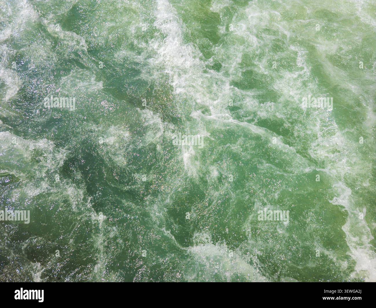 Vista ravvicinata dell'acqua verde turbolenta con schiuma bianca e motivi vorticosi. La luce del sole si riflette sulla superficie, creando uno scen dinamico ed energico Foto Stock