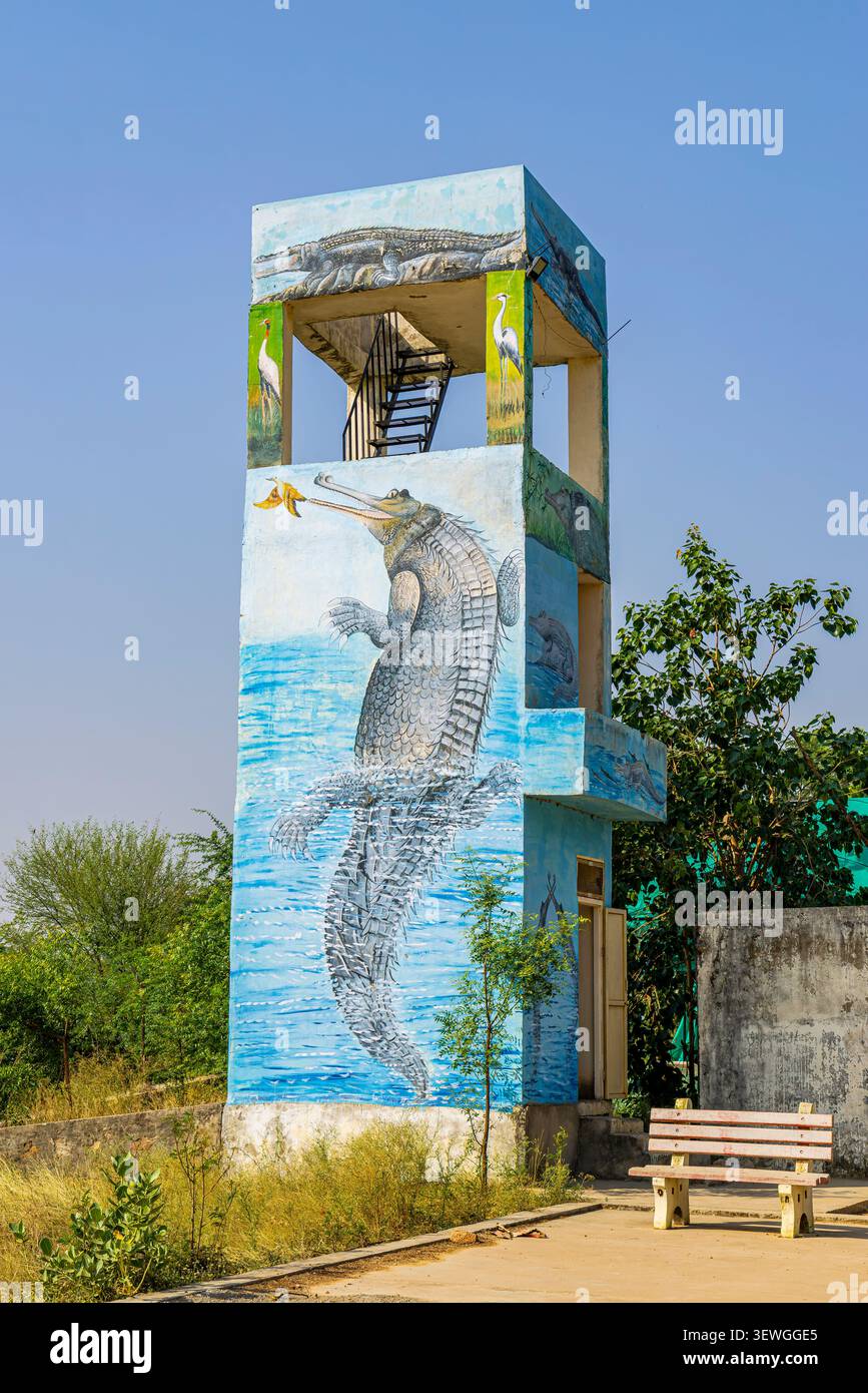 Ranthambore India 18 maggio 2026: Una torre di guardia lungo il fiume Chambal durante il Palighat Chambal Crocodile Safari, India, presenta un gigantesco murale di Foto Stock