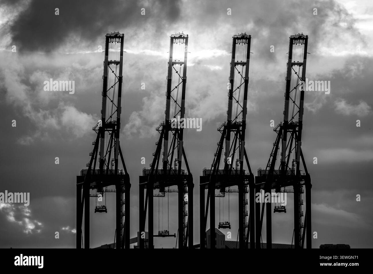 Vista in bianco e nero di quattro gru a cavalletto sagomate contro il cielo nuvoloso nel porto di Liverpool Foto Stock