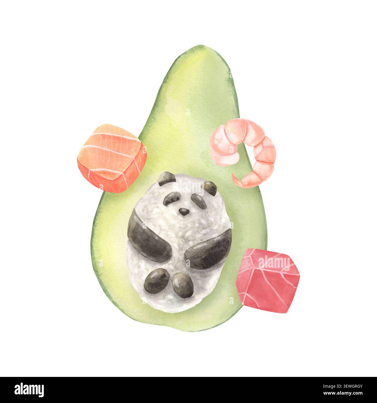 Metà avocado, dolce panda di riso, accompagnato da salmone, tonno a cubetti, gamberi. Illustrazione ad acquerello dipinta a mano isolata su bianco per la pubblicità di sushi Foto Stock
