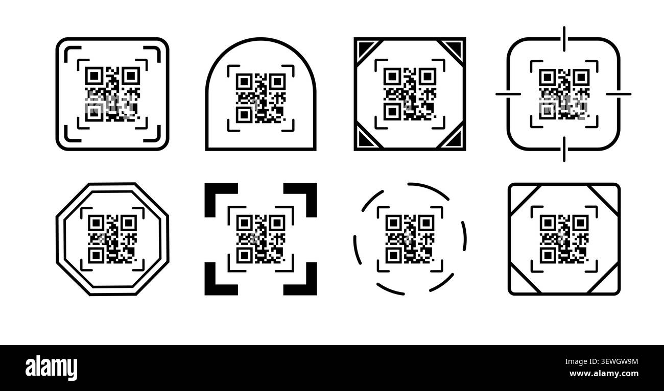 Set di icone della cornice del codice QR con bordi di scansione, marcatori dello scanner di codici a barre e vettore personalizzabile dei modelli di codice QR Illustrazione Vettoriale